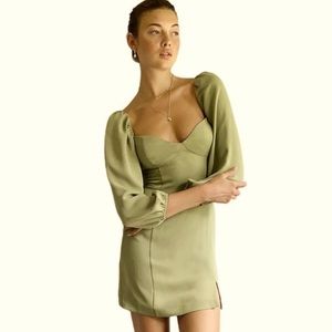 Kendall & Kylie Sage Green Mini Dress Puff Sleeve Sweetheart Neckline